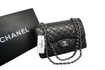 Chanel Jumbo Double Flaps Bag Black Original Lambskin Leather A36097 Silver