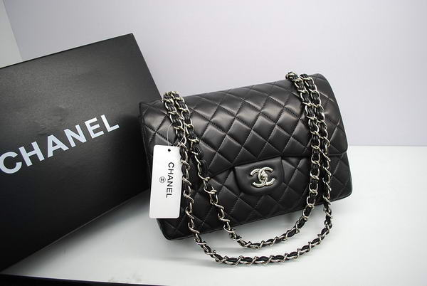 Chanel Jumbo Double Flaps Bag Black Original Lambskin Leather A36097 Silver