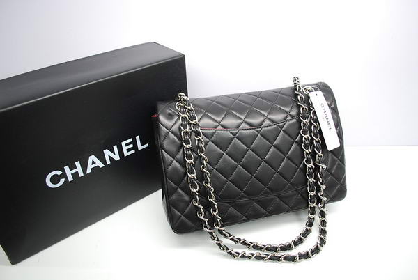 Chanel Jumbo Double Flaps Bag Black Original Lambskin Leather A36097 Silver