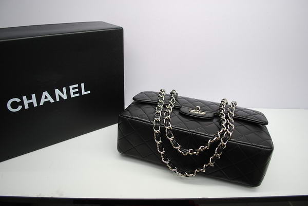 Chanel Jumbo Double Flaps Bag Black Original Lambskin Leather A36097 Silver