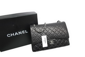 Top Quality Chanel Maxi Double Flaps Bag Black Original Lambskin Leather A36098 Silver