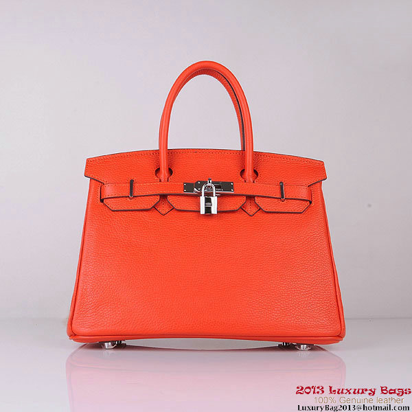 Hermes Birkin 30CM Tote Bags Orange Clemence Leather Silver