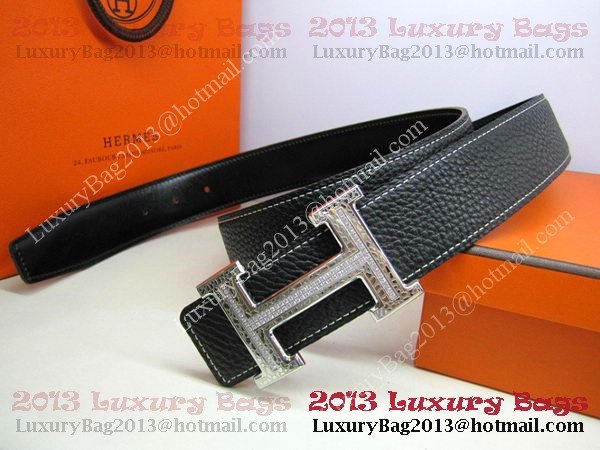 Hermes Calf Leather Diamond Belt HB118 Black Silver