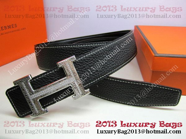 Hermes Calf Leather Diamond Belt HB118 Black Silver