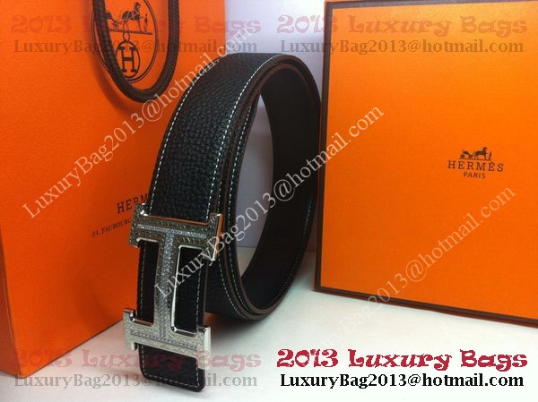 Hermes Calf Leather Diamond Belt HB118 Black Silver