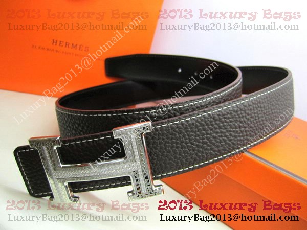 Hermes Calf Leather Diamond Belt HB118 Black Silver