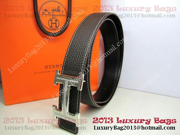 Hermes Calf Leather Diamond Belt HB118 Black Silver