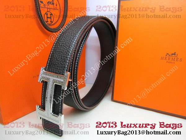 Hermes Calf Leather Diamond Belt HB118 Black Silver