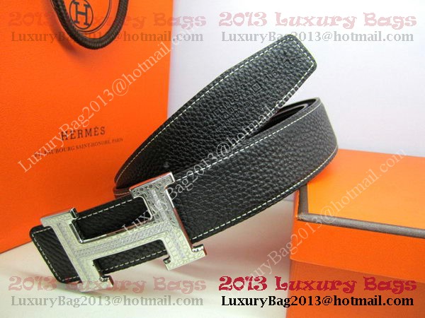 Hermes Calf Leather Diamond Belt HB118 Black Silver