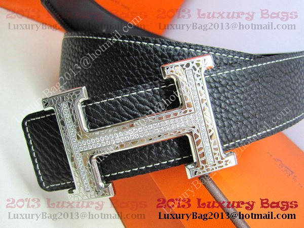 Hermes Calf Leather Diamond Belt HB118 Black Silver