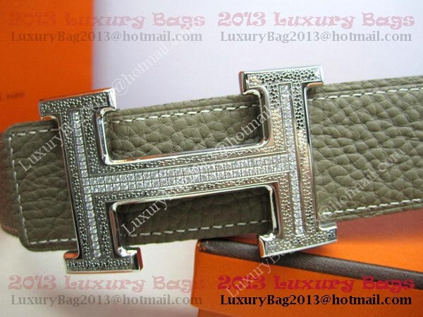 Hermes Calf Leather Diamond Belt HB118 Khaki Silver