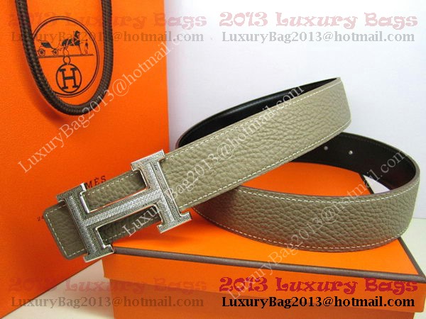 Hermes Calf Leather Diamond Belt HB118 Khaki Silver