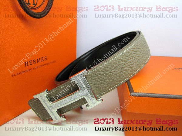 Hermes Calf Leather Diamond Belt HB118 Khaki Silver