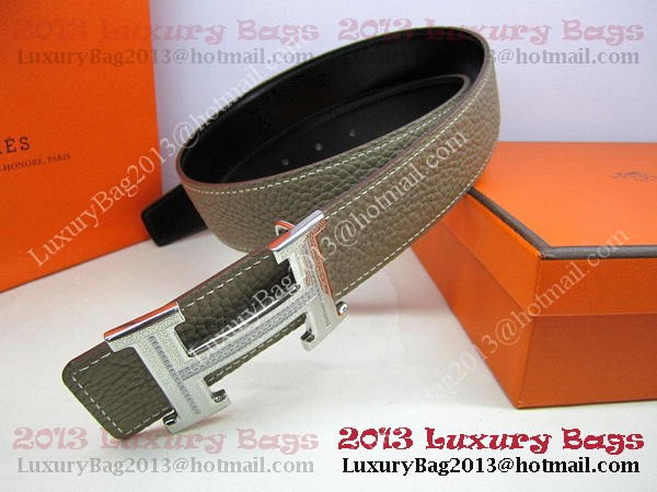 Hermes Calf Leather Diamond Belt HB118 Khaki Silver