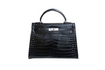 Hermes Kelly 32cm Shoulder Bag Black Croco Patent Leather K32 Silver