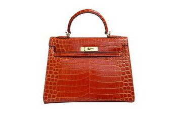 Hermes Kelly 32cm Shoulder Bag Orange Croco Patent Leather K32 Gold