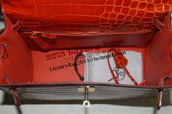 Hermes Kelly 32cm Shoulder Bag Orange Croco Patent Leather K32 Gold