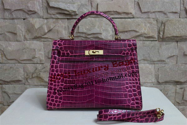 Hermes Kelly 32cm Shoulder Bag Purple Croco Patent Leather K32 Gold