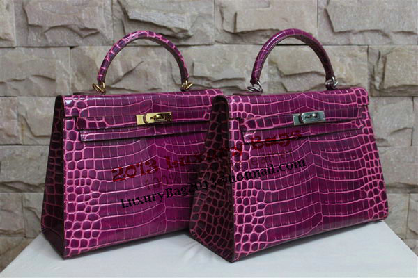 Hermes Kelly 32cm Shoulder Bag Purple Croco Patent Leather K32 Gold