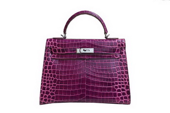 Hermes Kelly 32cm Shoulder Bag Purple Croco Patent Leather K32 Silver