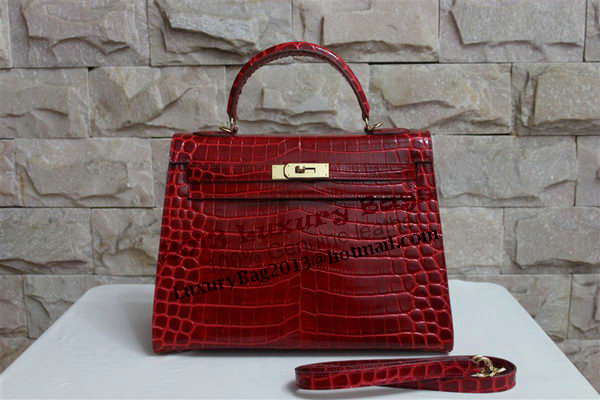 Hermes Kelly 32cm Shoulder Bag Red Croco Patent Leather K32 Gold