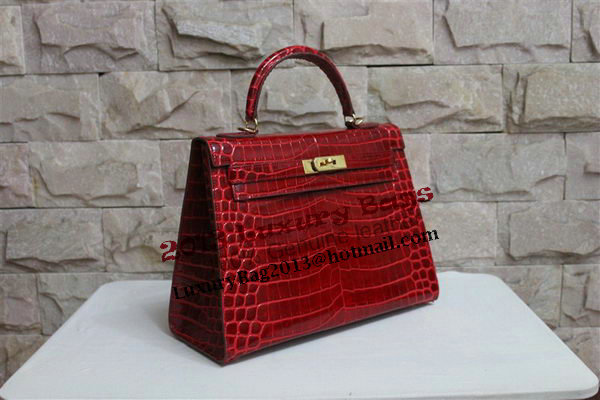 Hermes Kelly 32cm Shoulder Bag Red Croco Patent Leather K32 Gold