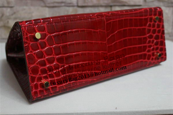 Hermes Kelly 32cm Shoulder Bag Red Croco Patent Leather K32 Gold