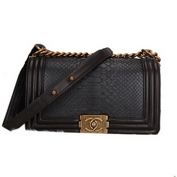 Boy Chanel Flap Shoulder Bag Black Original Snake Leather A67086 Gold