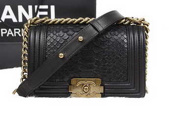 Chanel Boy Flap Shoulder Bag Black Original Python Leather A67085 Gold