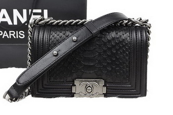 Chanel Boy Flap Shoulder Bag Black Original Python Leather A67085 Silver