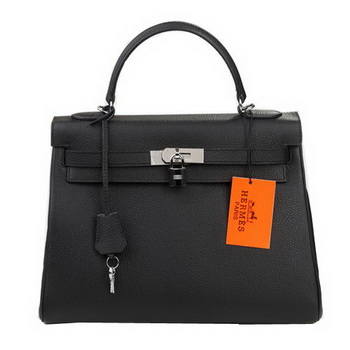 Hermes Kelly 32cm Shoulder Bag Black Original Leather K32 Silver