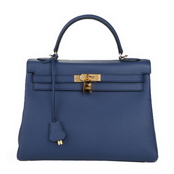 Hermes Kelly 32cm Shoulder Bag Dark Blue Original Leather K32 Gold