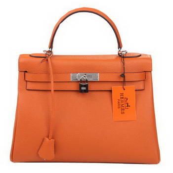 Hermes Kelly 32cm Shoulder Bag Orange Original Leather K32 Silver