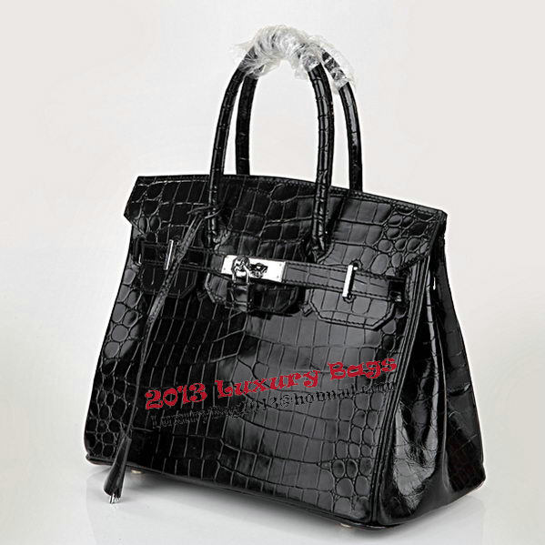 Hermes Birkin 30CM Tote Bags Black Iridescent Croco Leather Silver