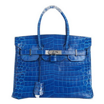 Hermes Birkin 30CM Tote Bags Blue Iridescent Croco Leather Silver