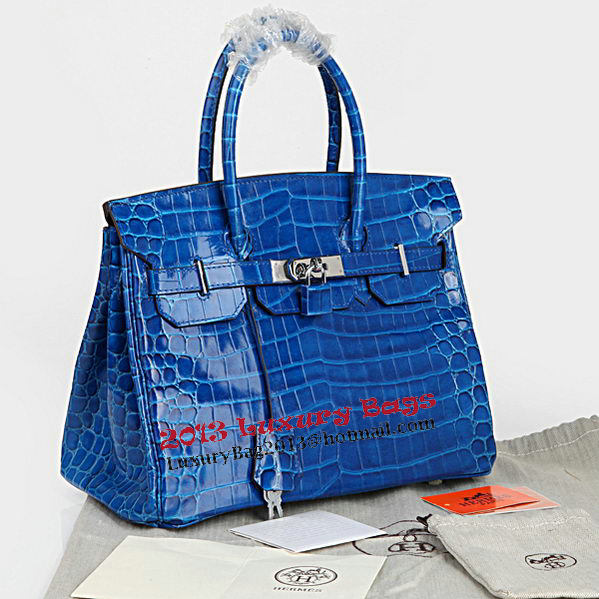 Hermes Birkin 30CM Tote Bags Blue Iridescent Croco Leather Silver