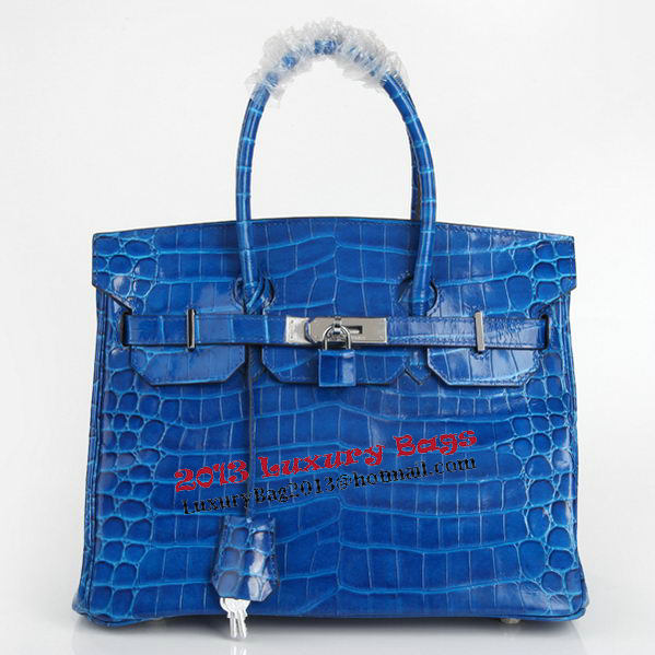 Hermes Birkin 30CM Tote Bags Blue Iridescent Croco Leather Silver