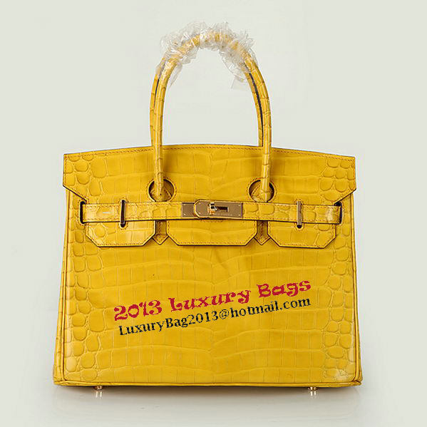 Hermes Birkin 30CM Tote Bags Yellow Iridescent Croco Leather Gold