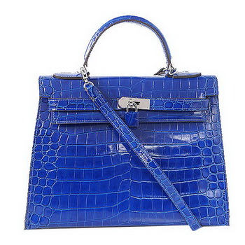 Hermes Kelly 32cm Shoulder Bags Blue Iridescent Croco Leather Gold