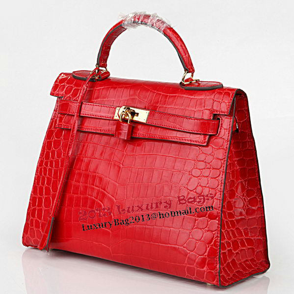 Hermes Kelly 32cm Shoulder Bags Red Iridescent Croco Leather Gold