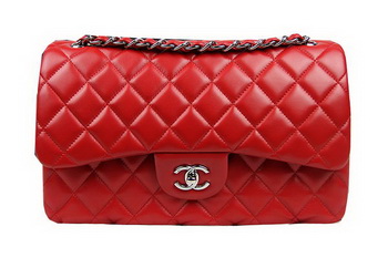 Chanel Classic Flap Bag Red Original Leather CF1113 Silver