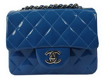 Chanel Classic MINI Flap Bag Blue Original Patent Leather CF1115 Silver