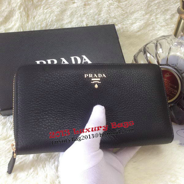 Prada Grainy Leather Large Zippy Wallets Black