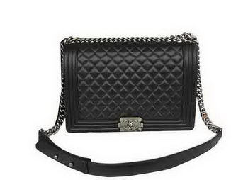 Chanel Boy Flap Shoulder Bag Original Black Sheepskin Leather A67087 Silver