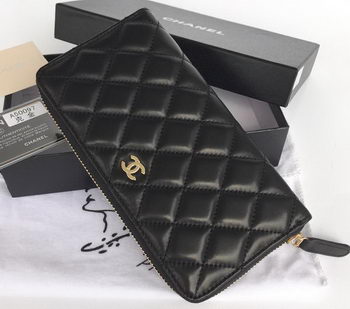 Chanel Matelasse Zip Around Wallet Black Sheepskin A50097 Gold