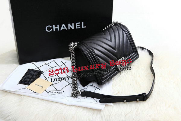 Boy Chanel Flap Bag Calfskin Chevron Quilting A67086 Black