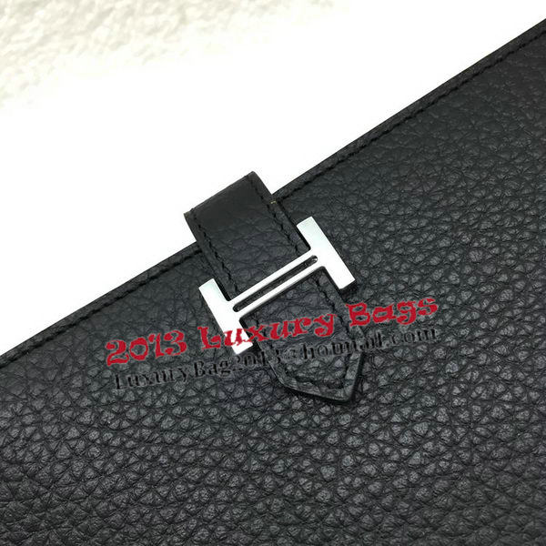 Hermes Bearn Japonaise Bi-Fold Wallet Litchi Leather A208 Black