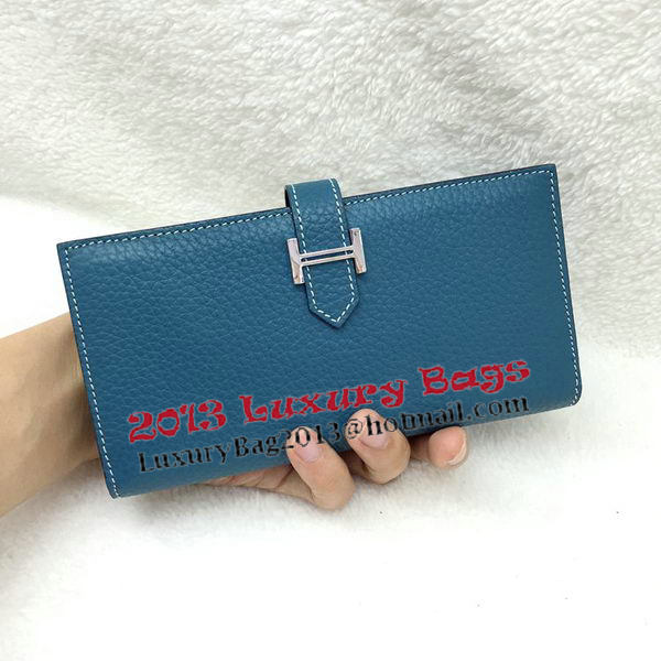 Hermes Bearn Japonaise Bi-Fold Wallet Litchi Leather A208 Blue