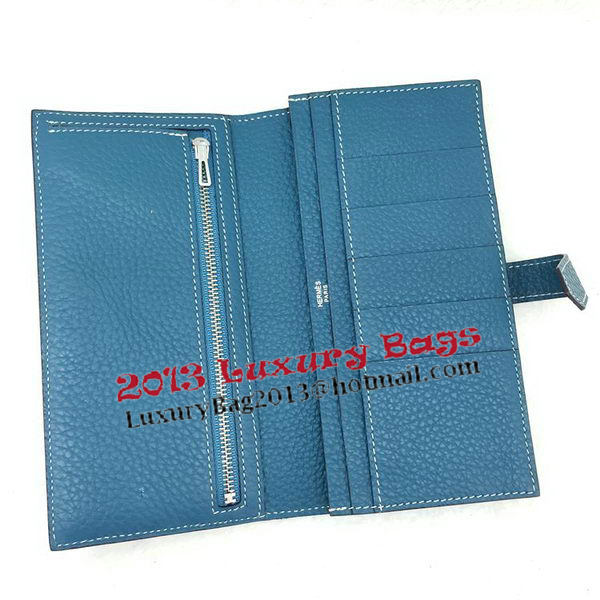 Hermes Bearn Japonaise Bi-Fold Wallet Litchi Leather A208 Blue