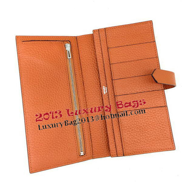 Hermes Bearn Japonaise Bi-Fold Wallet Litchi Leather A208 Orange